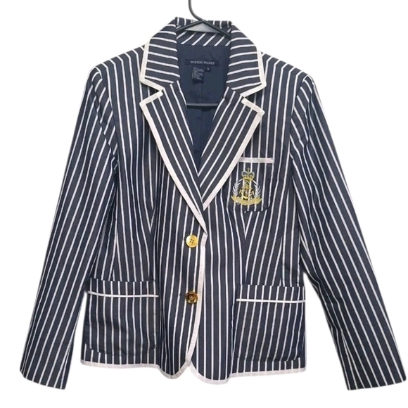 Boston Proper Navy striped two Gold buttons 3 pockets Women's Blazer Size 10 - Picture 1 of 9